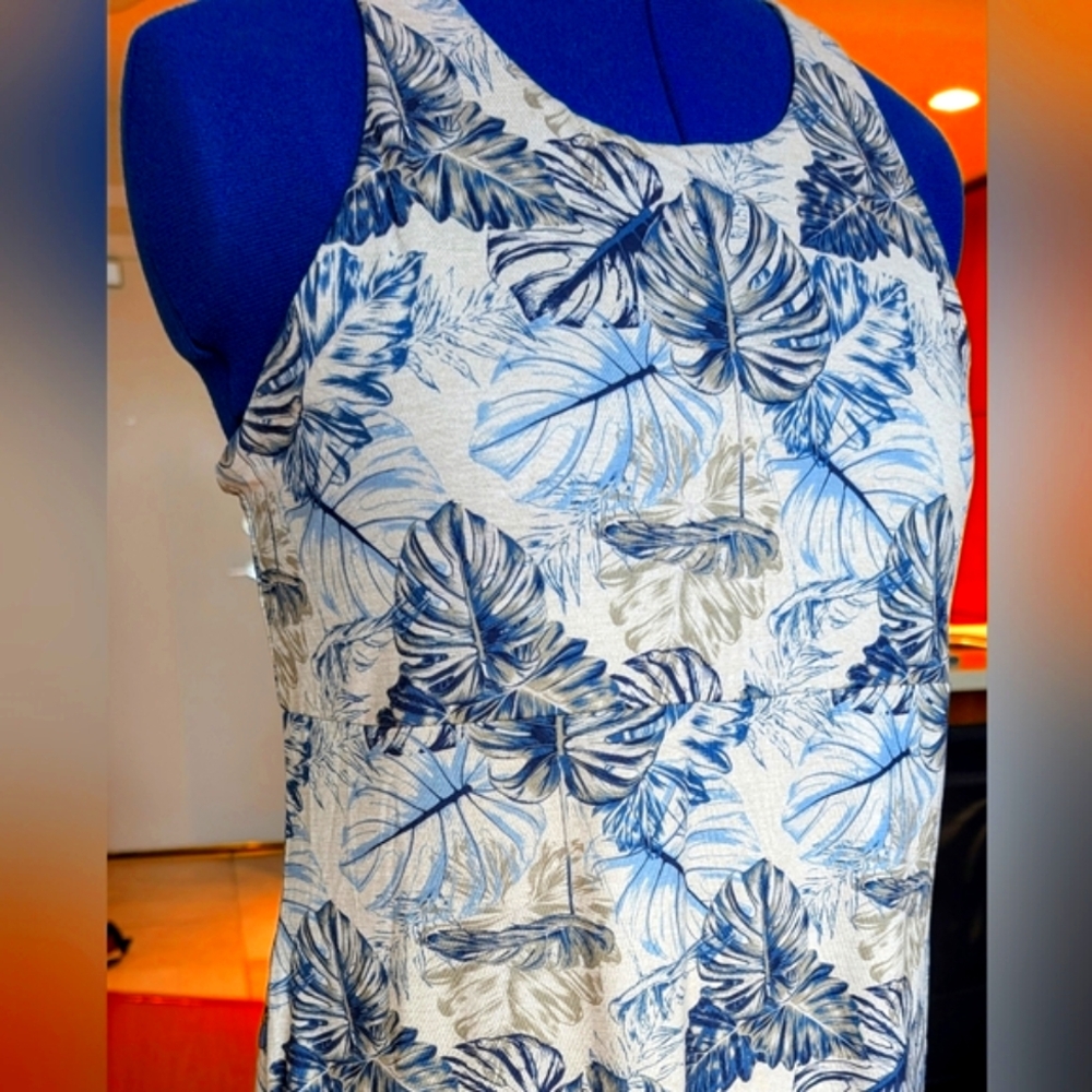 Blue and Gray Leaf Jersey Print Dress